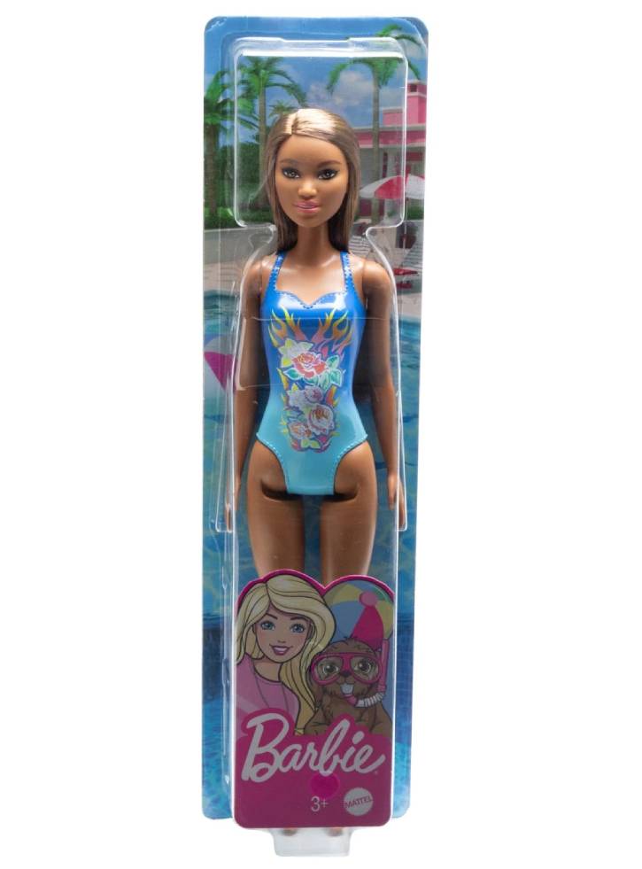 Papusa Barbie Beach Dark Skin with Flowers Blue Swimsuit (HDC51)