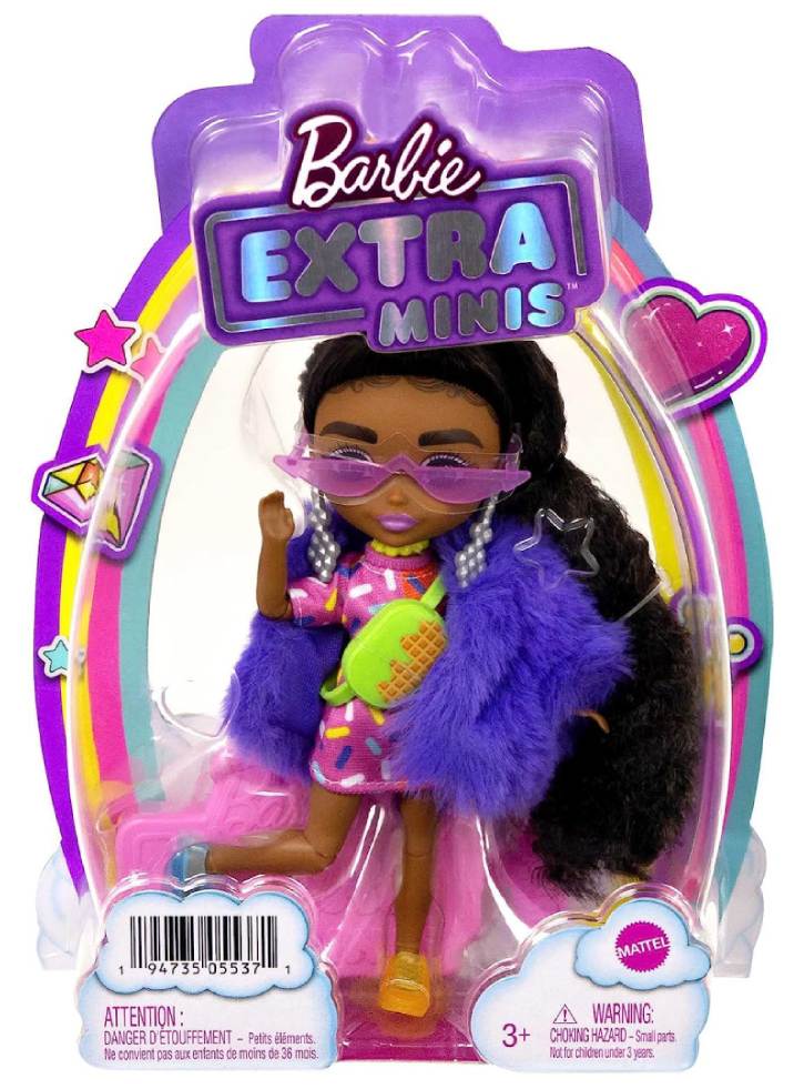 Papusa Barbie Extra Minis Dark Skin Wearing Faux Fur Coat Purple (HGP63)