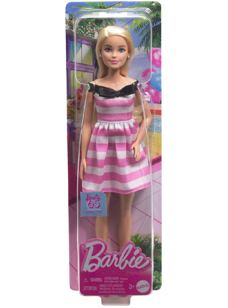 Papusa Barbie 65th Anniversary Blonde Doll with Pink Striped Dress (HTH66)