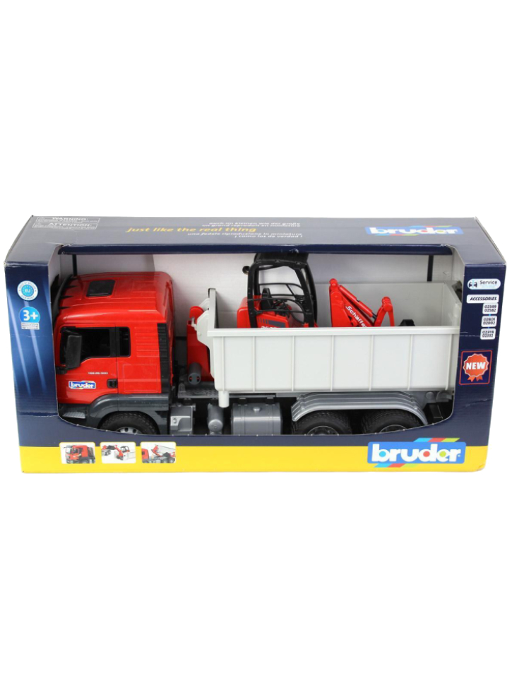 Bruder MAN TGS truck with roll-off container & Schaffer yard loader (03767)