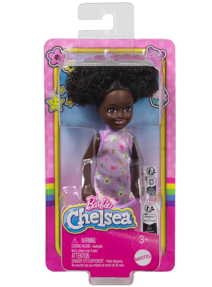 Barbie Chelsea With Purple Floral Dress, Space Buns Brown Eyes (dark Skin) Doll (hxm96)