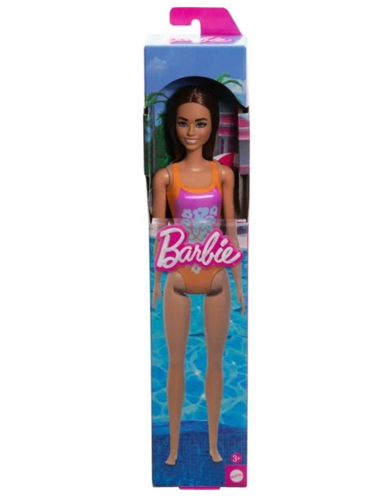 Barbie Beach Light Brown Hair Doll Wearing Tropical Pink And Orange Swimsuit (hpv21)