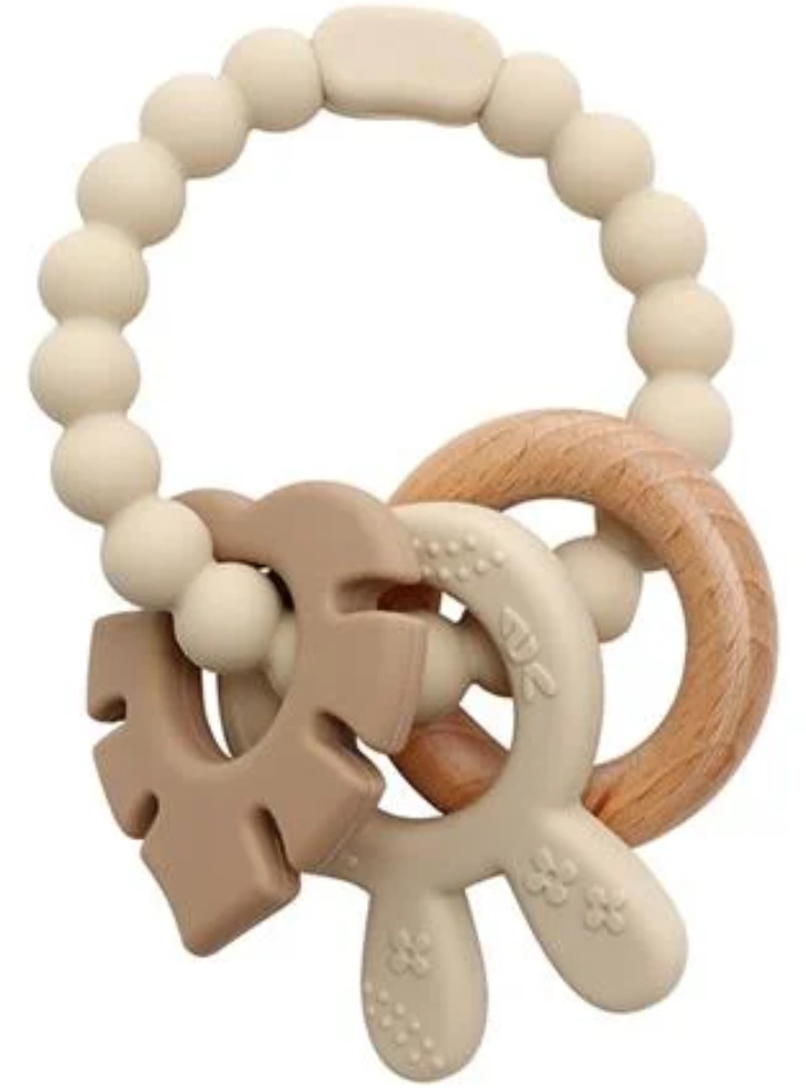 Magni Teether Bracelet, Siliconee With Wooden Ring Leaves And Bunny-ears Appendix Beige (5577)