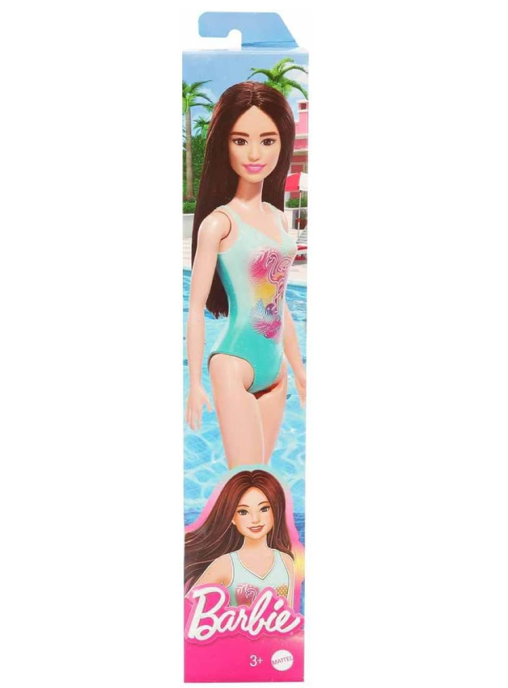 Barbie: Beach Black Hair Doll Wearing Tropical Blue Swimsuit (hxx51)